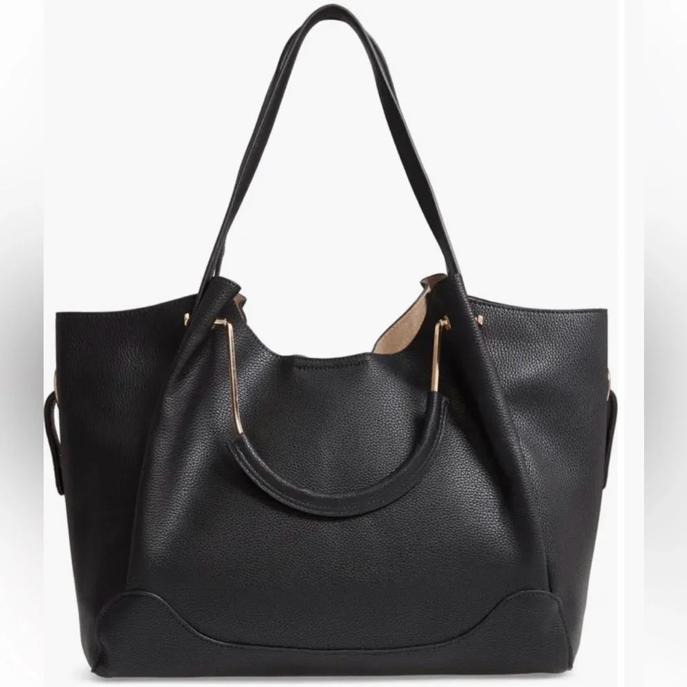 Sondra Roberts Squared Vegan Leather Tote Satchel Black Shoulder Bag Purse Large
